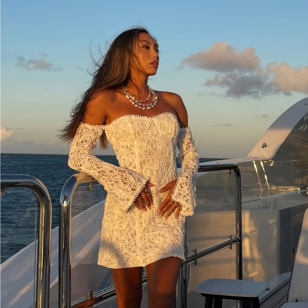 Off shoulder white beaded lace corset dress from 12th Tribe!